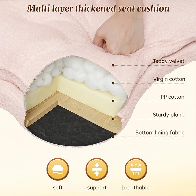 DurayLoly Ergonomic Criss Cross Office Chair, Swivel Chair with Wheels & Backrest, Comfy Office Chair with Foot Rest for ADHD, Height Adjustable, Thicken Cushion, Teddy Fabric, Light Pink