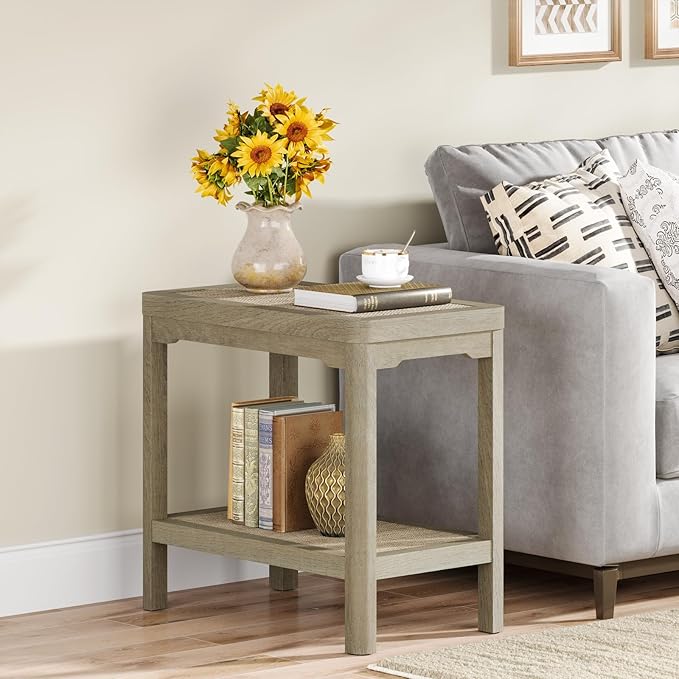 Eclatara Rattan Nightstands - Farmhouse 2 Tier End Table for Bedroom - Accent Side Table wtih Open Storage Shelves for Small Space Narrow Coffee Table, Light Oak