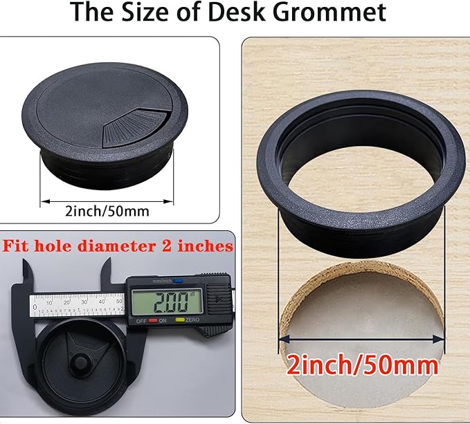 2 Pack 2 Inch Desk Grommet, Black Sturdy ABS Plastic Table Cable Hole Cover, Detachable Wire Cord Grommet for Home Office Desk Cable Management