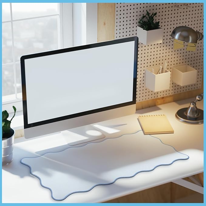 Hahafelt Scalloped Desk Mat Large Scalloped Piping Cute Desk Mat Aesthetic Preppy Table Pad Large Nonslip Pad with Edge Stitching Waterproof Gaming(Blue,23.6 x 13.8 Inches)