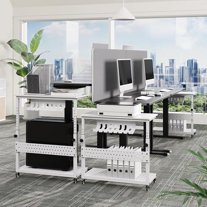 2-Tier Rolling Computer Tower Stand with Cable Management Rack, Height Adjustable CPU Holder Cart with Hooks for Gaming Home Office, PC Stand Fits Under Desk, White