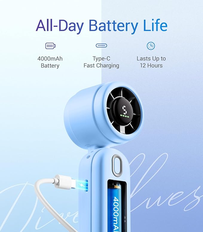 Diveblues Handheld Fan, 30ft/s Mini Portable Turbo Fan [12H Max Cooling], 4000mAh Personal Fan with LED Display, 3-in-1 Hand Held/Neck/Desk Fan for Travel, Cruise, Disney Essentials