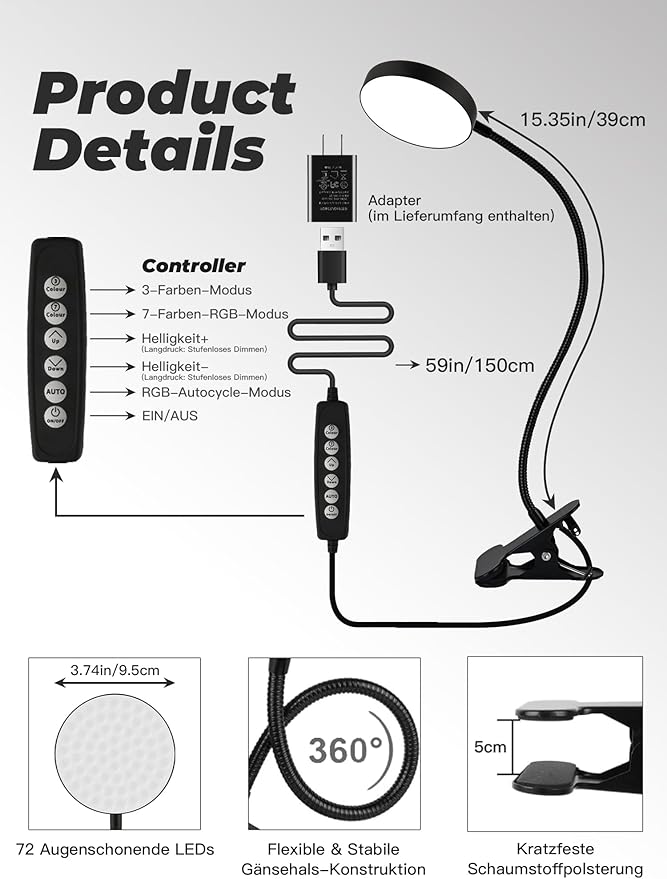 Clip on Light,10 RGB Colors&10 Brightness Clip on Lamp,500LM Bright Reading Light for Bed,Clip on Desk Lamp Reading Lamp with USB Adapte for Bed/Headboard/Bedside/Desk/Puzzle/Craft