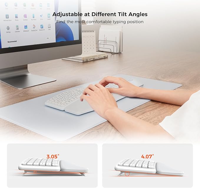 KYSONA Ergonomic Keyboard Mouse Wireless Combo, Full Size Bluetooth Split Keyboard with Wrist Rest, 4 Level DPI Ergo Mouse for Windows Mac OS Computer, White
