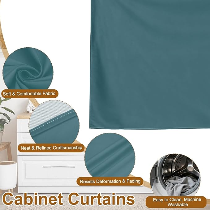 uxcell Cabinet Curtains, Dust Proof Privacy Drape Short Curtain, Hook & Loop Under The Desk Skirt for Kitchen Bathroom Closet Storage Room (51.1" W x 27.6" H, Green)