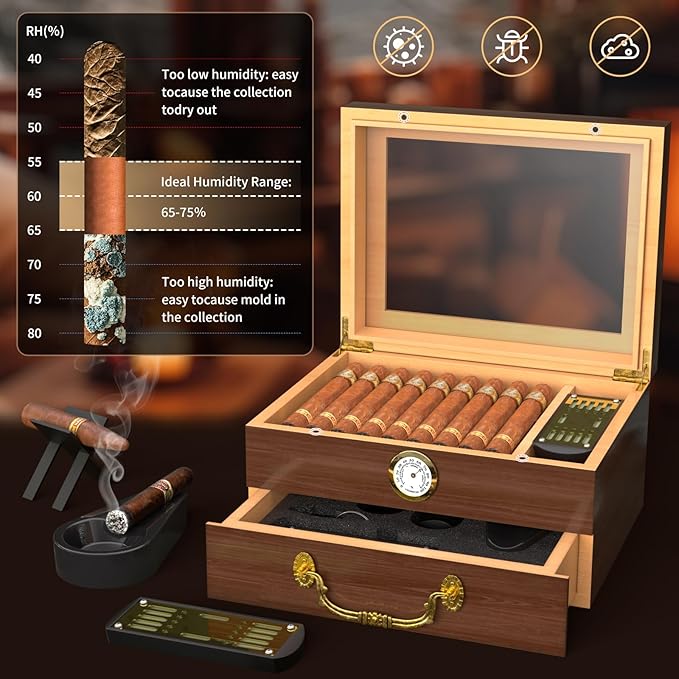 Spanish Cedar Cigar Humidor Box with Accessories and Humidifier - Glass Cover and Storage Drawer - Desktop Cigar Holder for Men - Portable Travel Case - Small Table Top Humidors for 20-50 Cigars