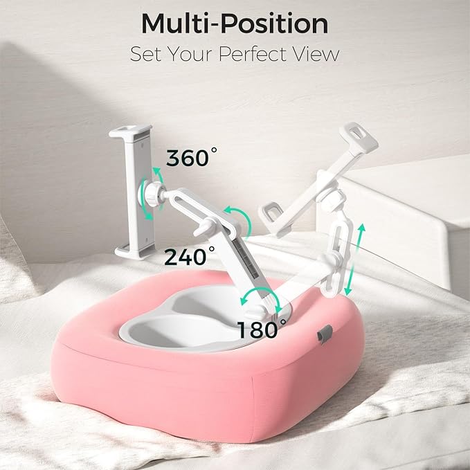 Tablet Pillow Stand, Adjustable Kindle Holder with 2 Snack Bowls, 360° Adjustable iPad Stand for Bed with 4.7''-13'' iPad, Kindle, Phone, Gift for Reading Accessories on Bed, Sofa, Pink