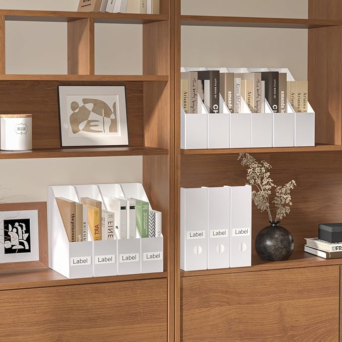 EXYGLO 12 Pack White Magazine File Holder, Cardboard Magazine Rack with Label, Foldable Storage Organizer Box for Book, Documents, 9.9x3.3x12 Inches