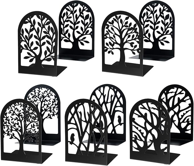 EOOUT Bookends for Shelves Decorative, 5 Pairs of Tree Bookends Supports, Black Metal Book Stoppers for Heavy Books, Heavy Duty Book Ends for Home Office School.