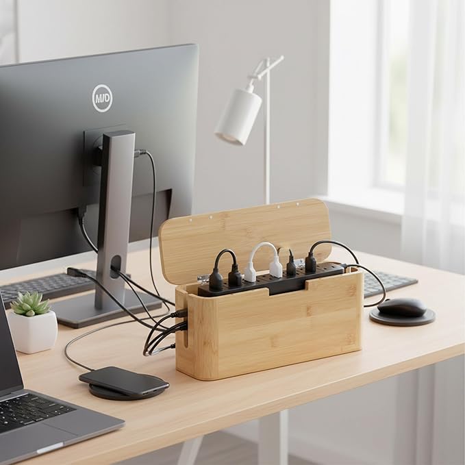 Relaxdays Cable Box for Power Strip, Bamboo, Magnetic Lid, HBT 14.5 x 34 x 11 cm, Hide Cables, Socket Box, Natural