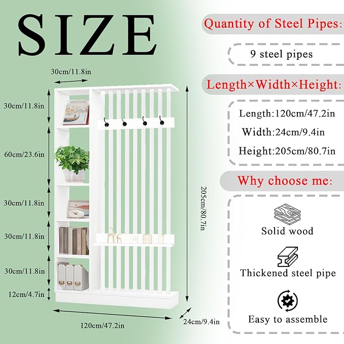 Wall Room Divider - Freestanding Wood Room Divider with Shelves and Coat Rack, Wall Divider with Storage Cabinet and Display Shelf, Freestanding Decor for Bedroom, Office