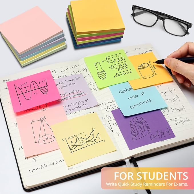 Sticky Notes, 144 Pads, 3x3 Inches Self-Stick Note Pads, Perfect for Office, Study, and Daily Life Organization - Bright