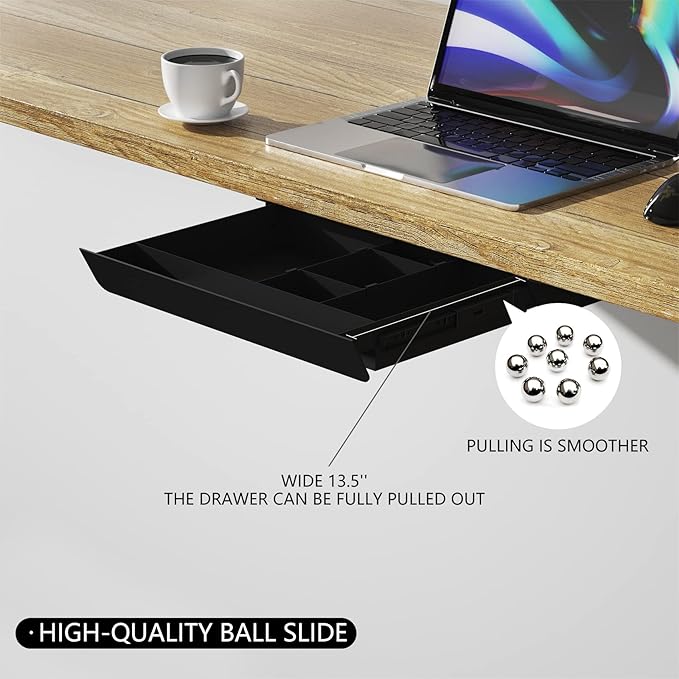 Under Desk Mounted Sliding Pull-out Drawer with Pencil Tray and Slide Storage Tray, 17'' long & 13.5'' deep Large Storage Organizer for Sit Stand Workstation