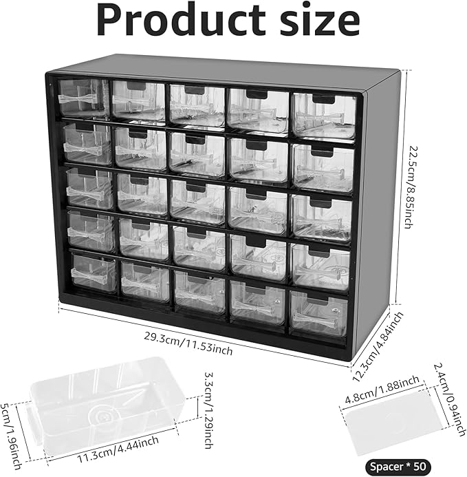 25 Drawers Stackable Storage Cabinet with 50 Removable Dividers, Clear Small Parts Organizer for Hardware, Crafts & Beads, Desktop Drawer Unit for Office Supplies & Teacher Toolbox, 11.5×8.9×4.8 In
