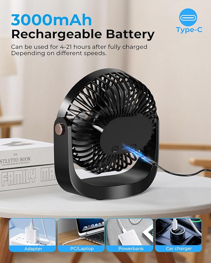 Portable Desk Fan, Rechargeable Table Fan with Night Light USB Electric Desktop Air Circulator Fans, 3000MAh Powerful with 5 Speed 360° Adjustable for Cooling Home Dorm Office Bedroom Bathroom Kitchen