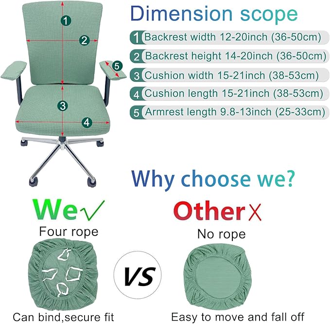 4Pcs Office Chair Covers Stretchable Set Desk Chair Cover Computer Chair Cover with 4 Non-Slip Elastic Straps Protective Armrest Slipcovers Pads Backrest Cushion for Rotating Chair (Green)