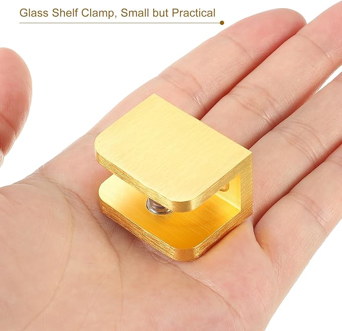 uxcell Glass Shelf Clamp, 4Pcs Brass Glass Clamp for 10-12mm Thick Glass, Adjustable Glass Shelf Bracket Support Holder, Gold