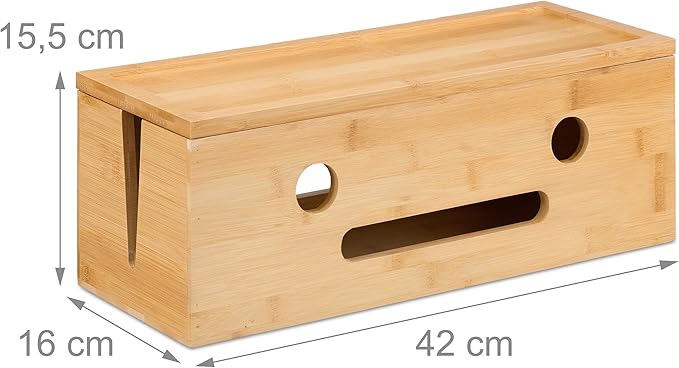 Relaxdays Cable Box for 2 Power Strips, Bamboo, H x W x D: 15.5 x 42 x 16 cm, Hide Cables, Socket Box, Natural