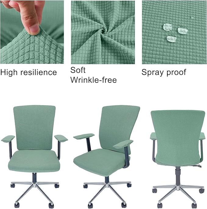 4Pcs Office Chair Covers Stretchable Set Desk Chair Cover Computer Chair Cover with 4 Non-Slip Elastic Straps Protective Armrest Slipcovers Pads Backrest Cushion for Rotating Chair (Green)
