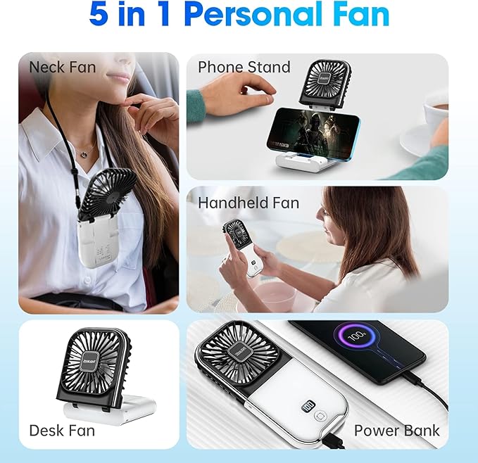 USB Rechargeable Upgraded 5-in-1 Portable Handheld Fan, Necklace Fan, Desk Fan, Foldable Phone Stand, 4 Speeds Airflow, Quiet Personal Fans with LED Digital Screen (Black)