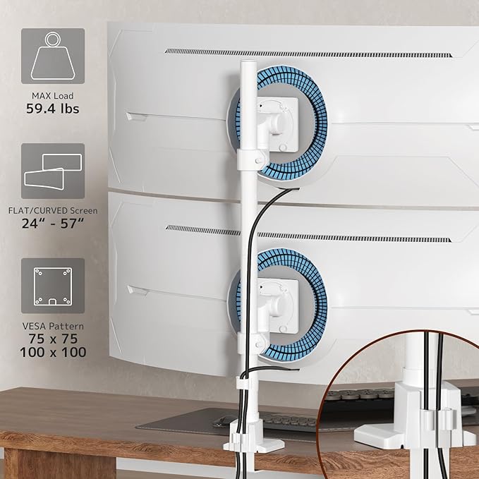 Dual Monitor-Arm Heavy Duty Ultrawide - 24-57 inch Vertical Dual Monitor Mount, Adjustable Stacked Double Monitor Desk Mount Stand, Max Load 59.4 lbs (per Arm), VESA 75/100 mm, White