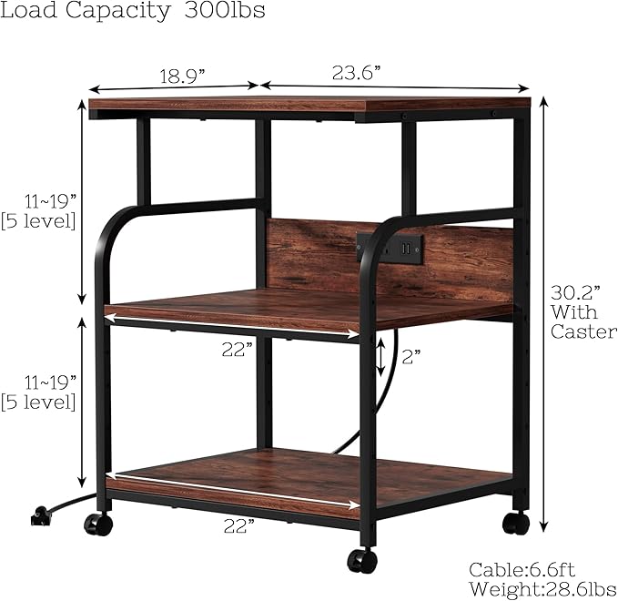 VECELO Adjustable Large Printer Stand with Power Outlet, 3-Tier Heavy Duty Cart on Lockable Wheels, Office Storage Table for Home Office, 3D Printer, Fax Machine, Scanner, Rustic Brown