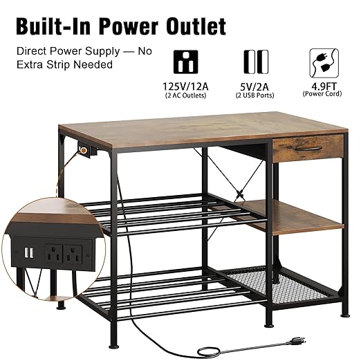 3D Printer Table with Filament Storage, 3-Tier 3D Printer Stand with Power Outlet & Drawer, Heavy Duty 3D Printer Rack for Workshop Studio Office (Brown)