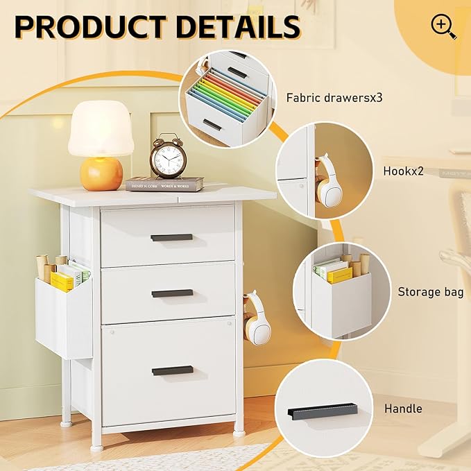 Mexin 3 Drawer File Cabinet with 24'' Extended Desktop, Mobile Filing Cabinet, Printer Stand, Rolling Printer Stand with Side Bag, Fabric Drawer, Fits A4 Size, Home Office, White