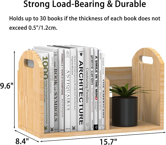 100% Solid Wood Adjustable Desktop Bookshelf, Retro Tabletop Book Shelf File Holder, Vertical Bookshelf Divider Desk Shelf for Home School Office Organization, Perfect for Books, Cookbooks, Magazine