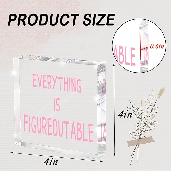 Pink Office Decoration - Motivational Gifts For Women - Everything Is Figureoutable - Desk Accessories Acrylic Square Sign - Suitable For Colleagues, Friends And Relatives 4x4 Inches