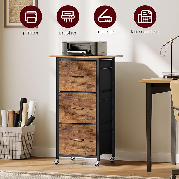 MAHANCRIS 3 Drawer File Cabinet, Vertical Filing Cabinet with Wheels, Printer Stand with Non-Woven Fabric Drawer, Adjustable Hanging Rods, fits A4/Letter Size, for Home Office, Rustic Brown FCHR5901