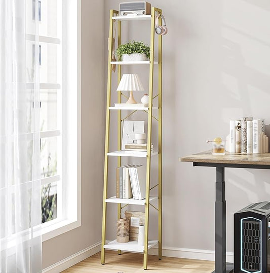 Hzuaneri Ladder Shelf, Bookshelf Bookcase, Freestanding Corner Storage Shelve with 2 Hooks for Home Office, Living Room, Kitchen, Bedroom, Industrial, 11.8" D x 13.4" W x 72.8" H,White Gold BC13313G