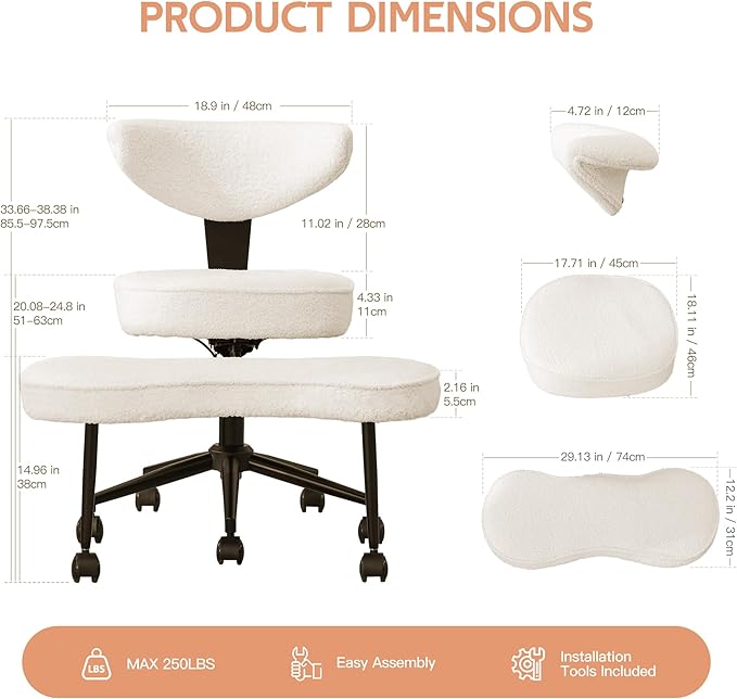 Ergonomic Kneeling Chair with Wheels, Cross Legged Office Chair with High Lumbar Support, 360° Swivel Meditation Chair for ADHD & Yoga, Wide Criss Cross Chair for Home