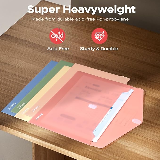 Sooez 5 Pack Plastic Envelopes, Plastic File Folder, Folders for Documents Retro Colors, Super Heavyweight Document Holder, Storage Pouches, File Envelopes for School Office Supplies