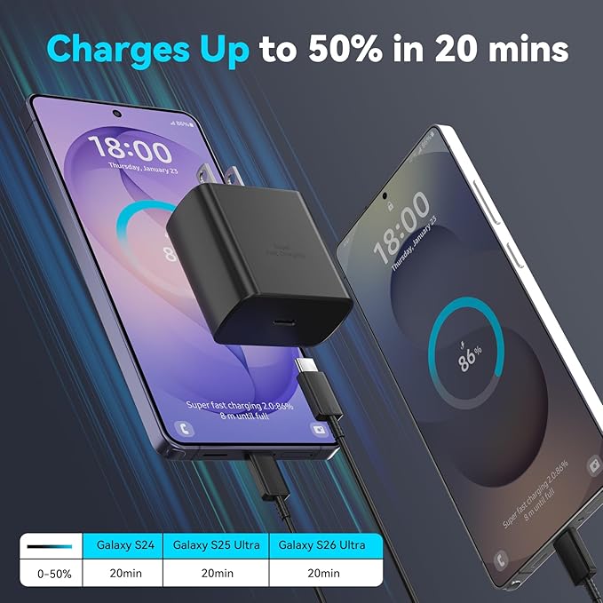 45W Super Fast Charger USB C Android Phone Type C Charger Fast Charging Block with 12FT Cord for Samsung Galaxy S26/S26 Ultra/S26+/S25 Ultra/S25/S24 Ultra/S24/S23 Ultra/S22/S21/S20/Note 10, Black