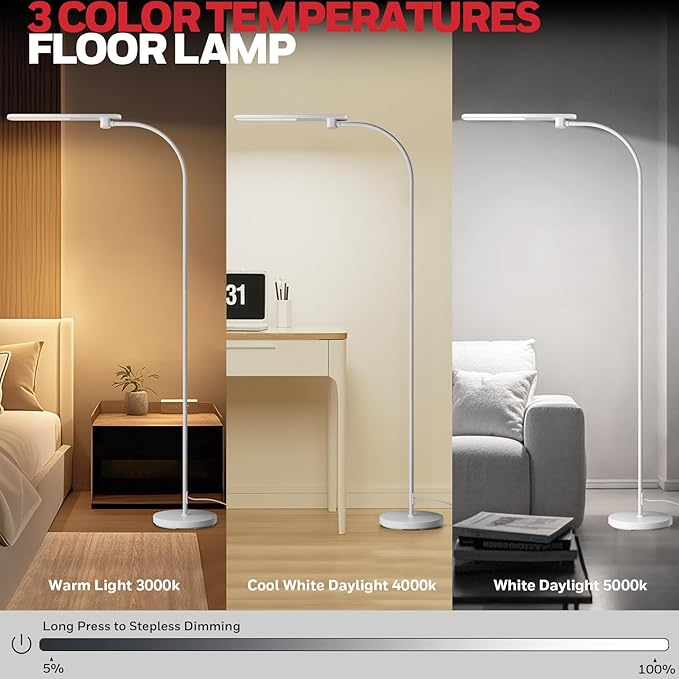 Honeywell LED Floor Lamp for Reading, CRI97 Full Spectrum Eye-Caring Task Lamp, Stepless Dimmable 3000K-5000K Standing Lamp with Flexible Gooseneck, 77.5" Tall for Living Room, Bedroom, Office