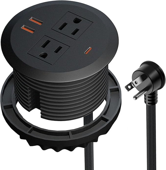 3 Inch Desktop Power Grommet,65W GaN USB C Fast Charging Station,3-USB Port,Flush Mounted for 3-1/8" Holes,Flat Plug.Round Recessed Desk Grommet Outlet for Workspace,Laptops,6.3ft,Black