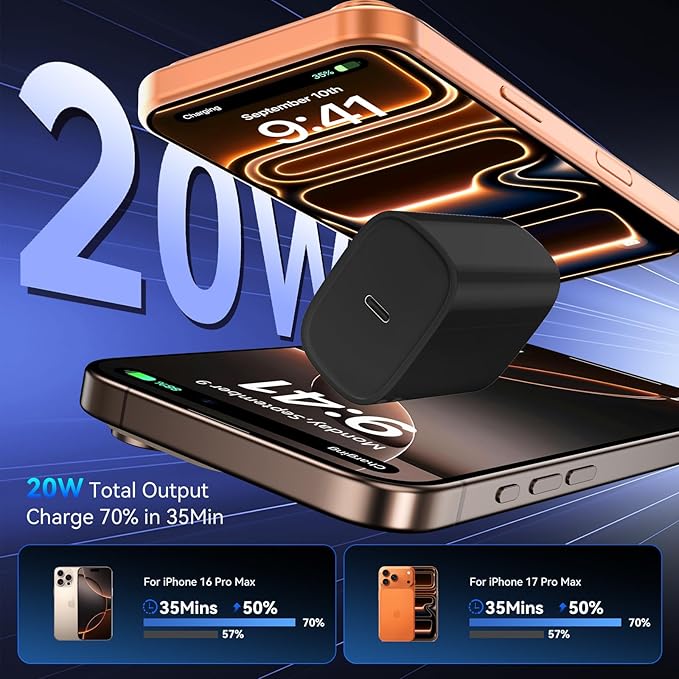 Phone 17 16 15 Pro Charger Fast Charging, 20W USB C Fast Charger Block with 10FT Long Type C Chargers Fast Charging Cable Cord for Phone 17/17 Pro/17 Pro Max/Air/16 Pro Max/16 Pro/15Pro Max/Pro, S24