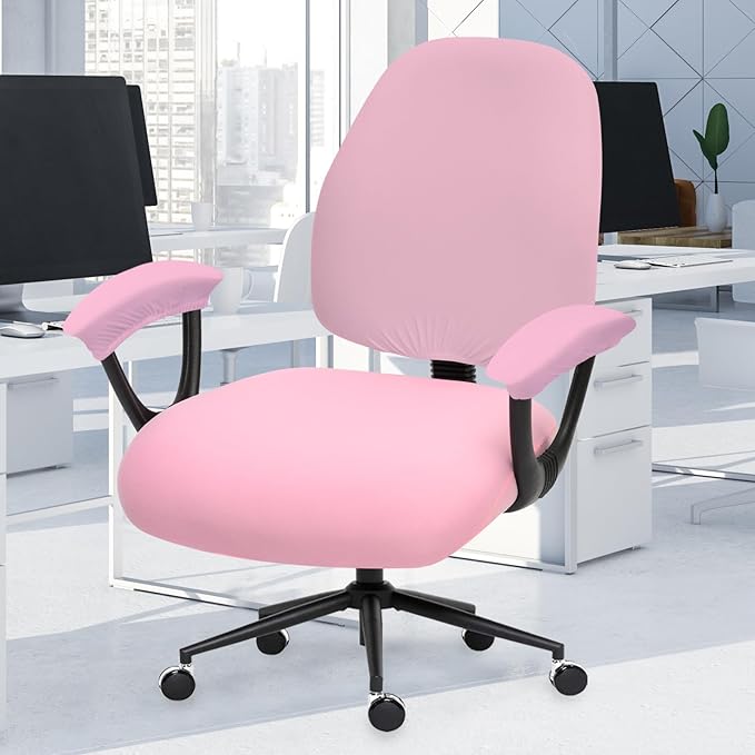 Stretchable Separate Office Chair Seat Covers - Universal Stretch Computer Chair Slipcover Rotating Backrest Coverings & Cushion Protectors & Armrest Covers for Dogs, Cats, Pets, Pink