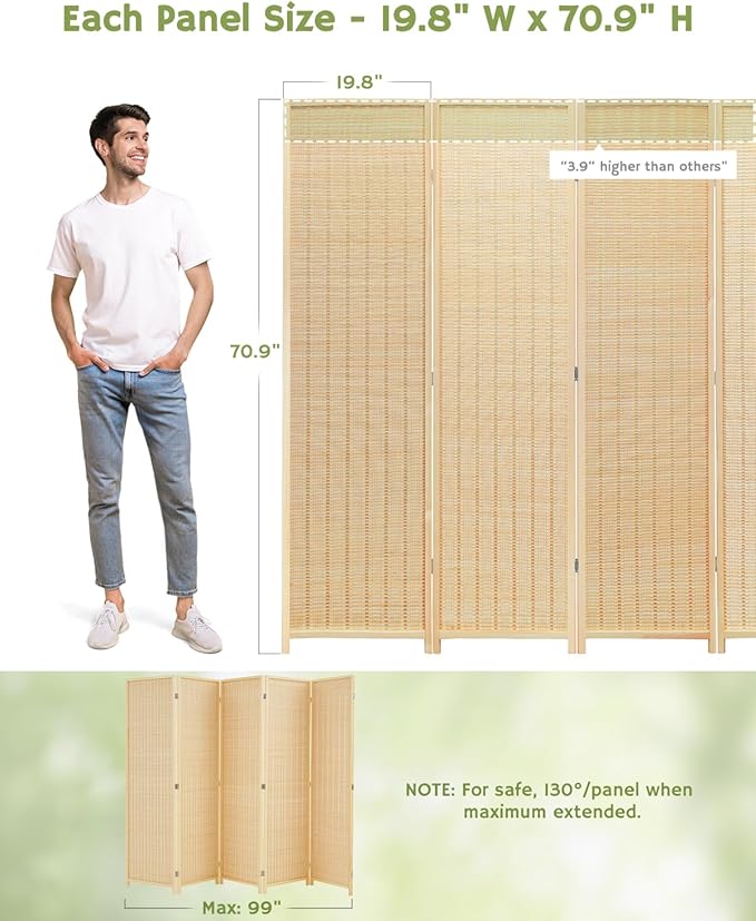 JOSTYLE Room Divider Folding Privacy Screen, 5 Panel Room Dividers 6 ft. Tall Bamboo Partition Wall Separation Dividers Freestanding, 70.9" H x 99" W