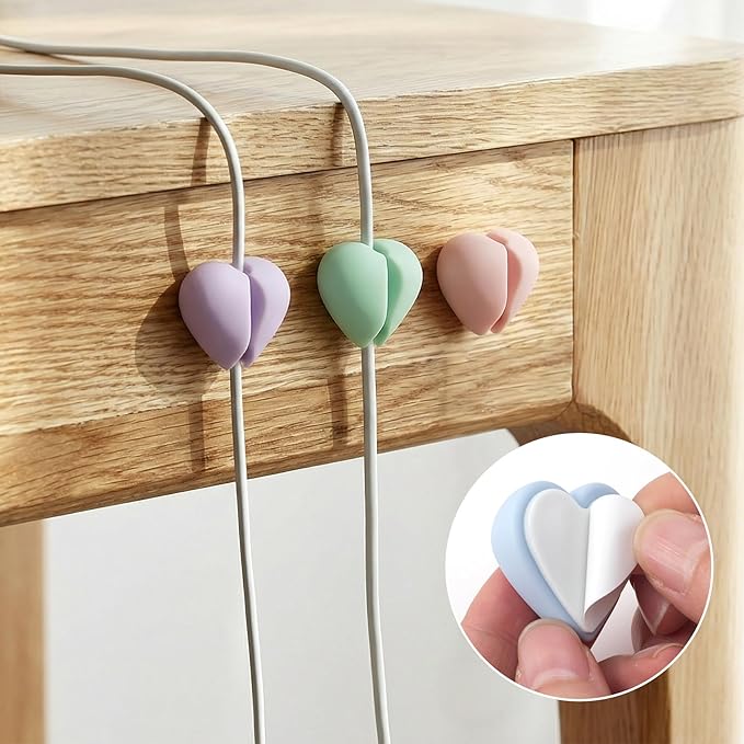 5 Pcs Cable Clips Cord Holder, Heart Shaped Wire Holders for Cords, Colorful Adhesive Cable Management Charger Holder Clips for Office Nightstand desk- White, Green, Pink, Blue, Purple