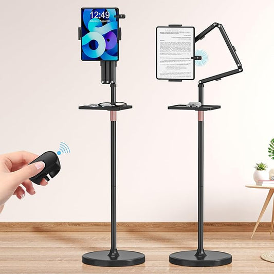 Houele Tablet Floor Stand with Remote Page Turner, iPad Floor Stand Kindle Holder with Removable Tray for Bed, Height Adjustable Tablet Mount iPad Holder for 4.7" -15.6" Kindles iPads and Phones