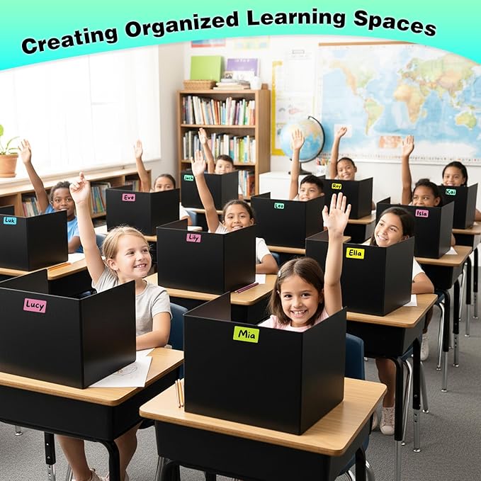 24Pack Black Desk Dividers for Student, Privacy Folders for Classroom Students, Foldable Study Carrels Teacher Supplies, Easy-Clean Testing Dividers with Lables for Exam, Library Focus & Photo Shoot