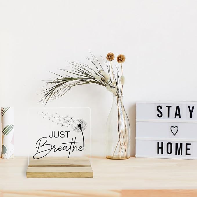 Just Breathe Desk Decor Sign, Inspirational Yoga Acrylic Decor for Home Office
