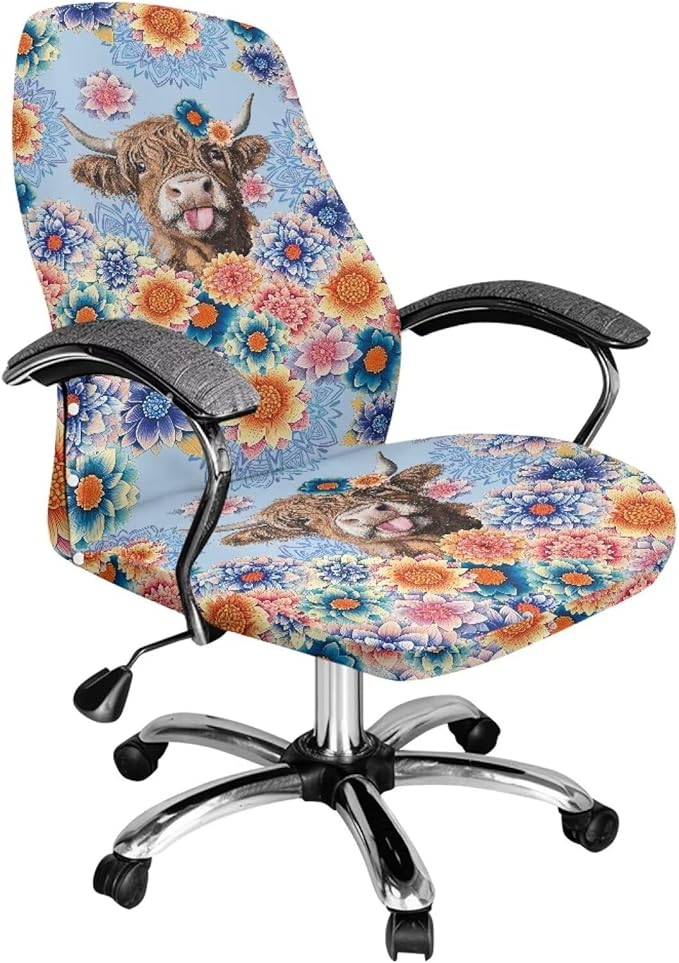 Talayituse Boho Mandala Highland Cattle Print Office Chair Covers, Stretch Computer Chair Cover, Universal Boss Chair Covers Modern Simplism Style High Back Chair Slipcover, Large