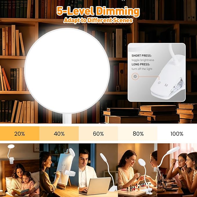 Cordless Clip on Desk Lamp with Clamp, 30 Lighting Modes (6 Colors x 5 Dimming Levels) Eye-Protect 450 Lumen, 360° Flexible Gooseneck & Foldable, Clip on Light for Bed Headboard / Puzzle,White 2 Pcs