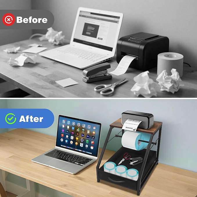 Thermal Printer Stand with Drawer, Desktop Label Holder for Rolls and Fan-Fold Labels, Organizer for 4x6 Shipping Label Printer - Home Office & Small Business Essentials