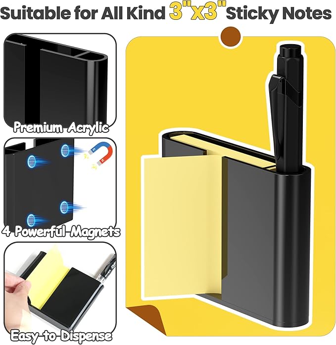 Acrylic Sticky Note Dispenser, Magnetic Sticky Note Holder for Post It Notes, 3 x 3 Inch Sticky Note Pen Organizer for Office Home Classroom, Black