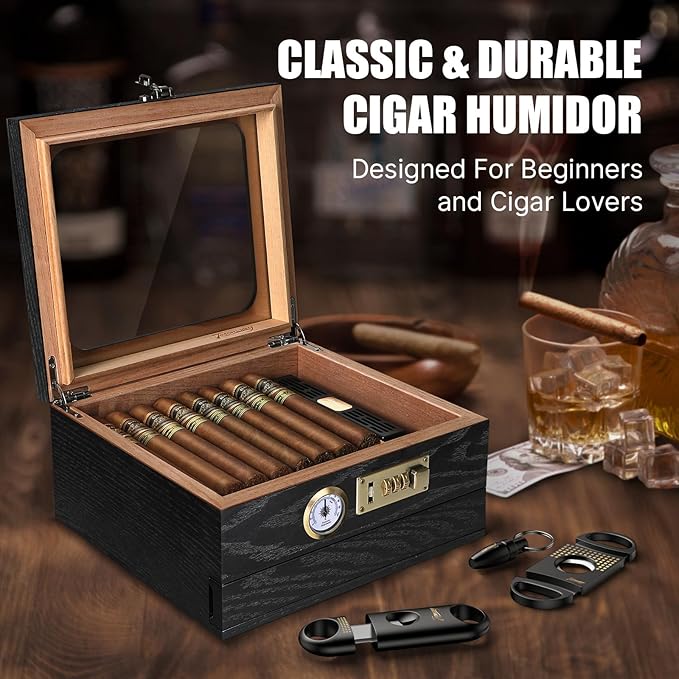 Tesonway Cigar Humidor, Cedar Wood Humidor Cigar Box, Glass Top Desktop Humidor with Front Hygrometer, Humidifier, Divider, Accessories Drawer and Combination Lock, Cigar Gifts for Men (Black)