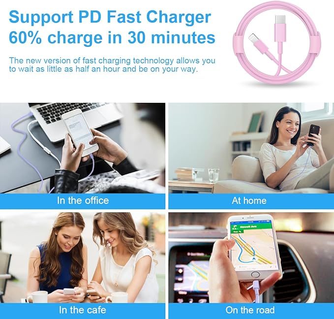 10 Ft iPhone Fast Charger, 2-Pack 20W Super Fast Charger with Long Fast Charging Cable for iPhone 14/13/12/11 Pro Max,14 Plus,Mini,Pro/XS/SE/XR/iPad - Pink